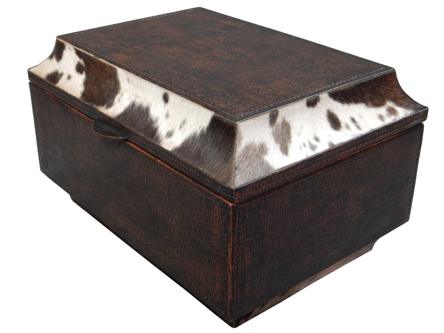 leather box with cowhide real black and white / stitchless